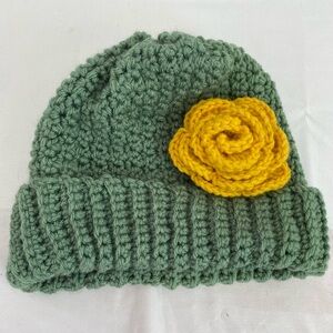 Handmade Crochet Beanie Hat Green with Yellow Flower — Cozy Retro Style